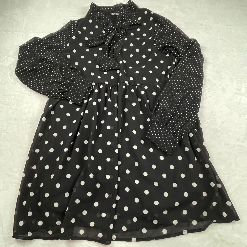 SHEIN Black White Polka Dot Tie Neck Long Sleeve Babydoll Mini Dress‎ Small